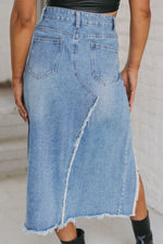 Raw Hem Slit Denim Skirt with Pockets