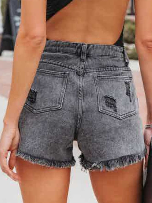 Distressed Fringe Denim Shorts with Pockets