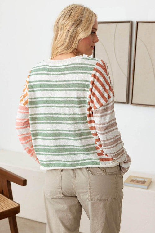 Tasha Apparel Color Block Stripe Long Sleeve Relaxed Knit Top