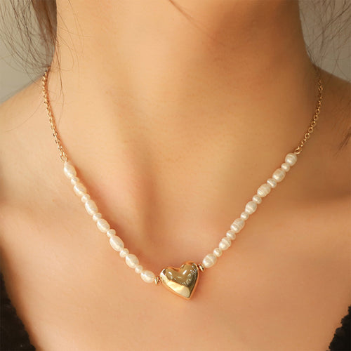Gold-plated Pearl Chain Heart Pendant Necklace