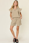 Double Take Full Size Texture Flounce Sleeve Top and Drawstring Shorts Set