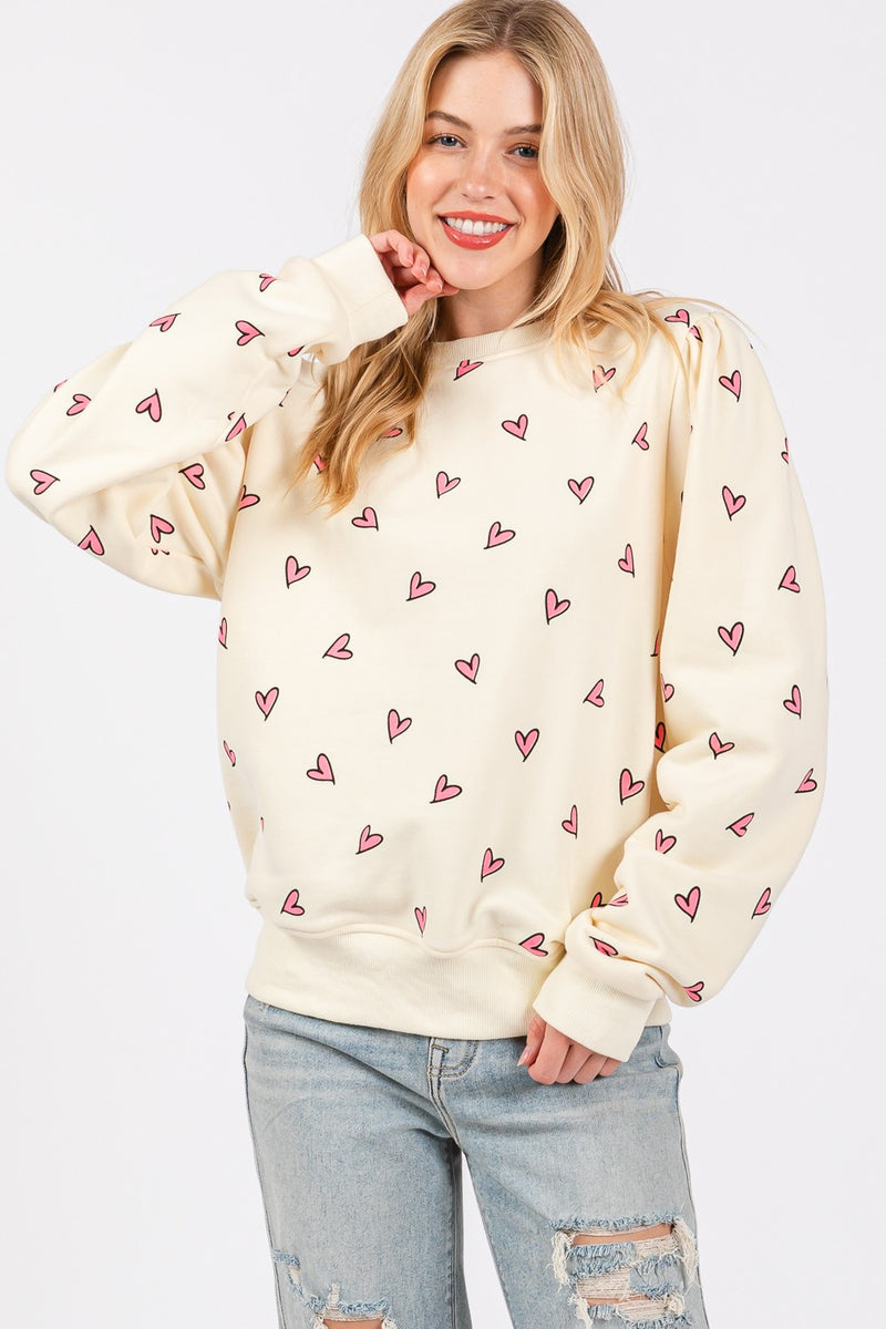 SAGE + FIG Heart Printed Contrast Long Sleeve Sweatshirt