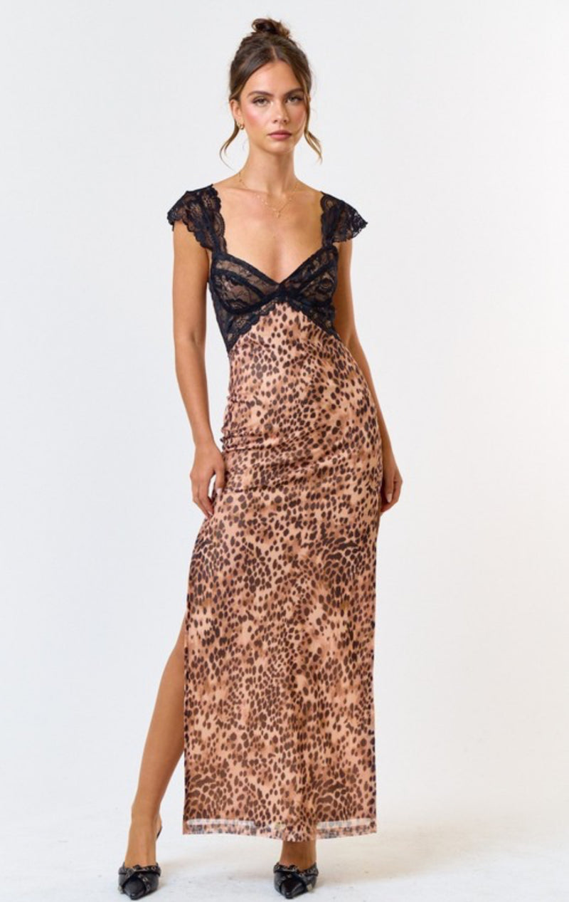 Mesh Leopard Lace Detail Side Slit  Maxi Dress