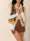 Embroidered Fuzzy Trim Open Front Vest Coat