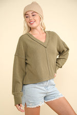 VERY J Exposed Seam V-Neck Ribbed Knit Top