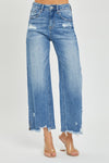 Risen High Rise Side Slit Raw Hem Cropped Jeans