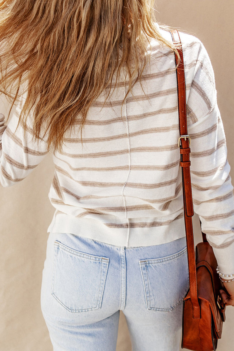 Cowl Neck Drawstring Dropped Shoulder Striped Print Blouse