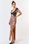 Mesh Leopard Lace Detail Side Slit  Maxi Dress