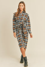 Mable Plaid Flannel Front Tie Button Down Shirt Dress