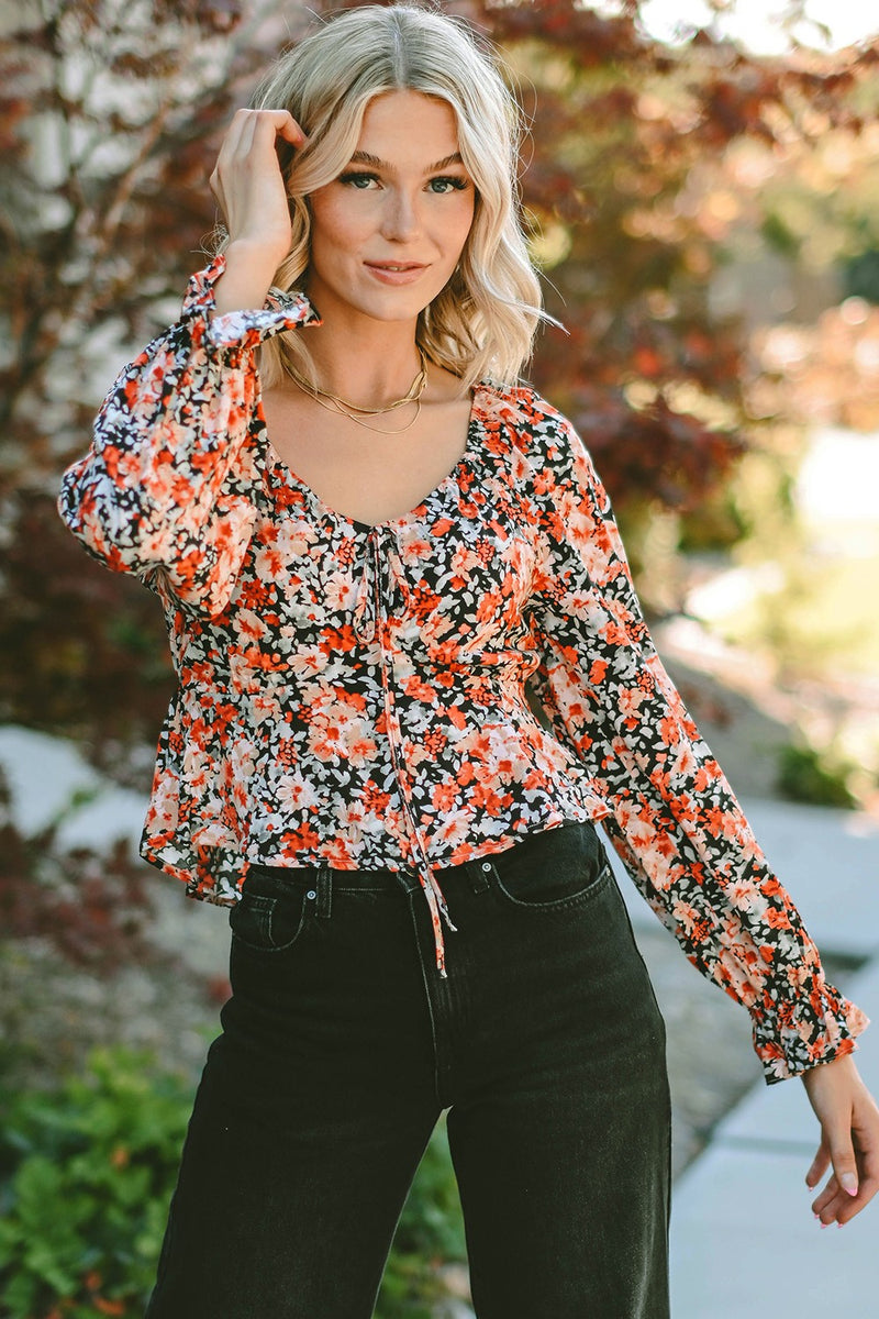 Floral Tied Flounce Sleeve Peplum Blouse