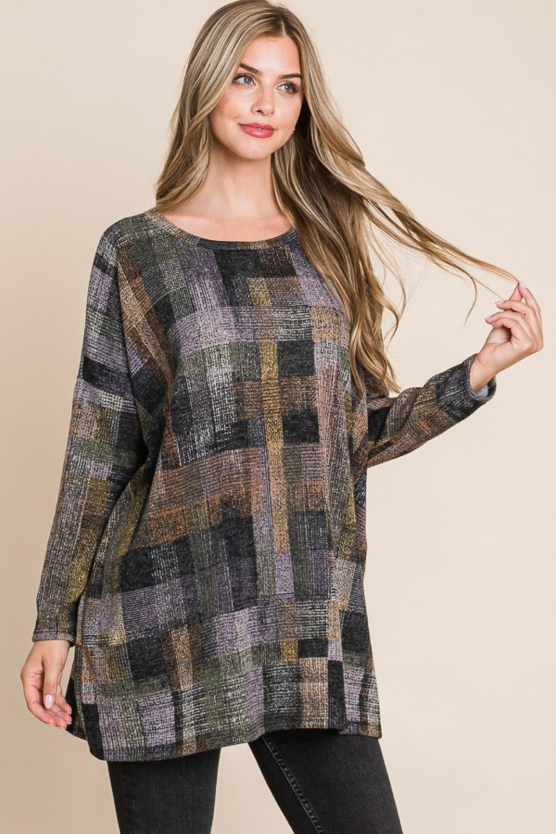 BOMBOM Plaid Round Neck Long Sleeve Top