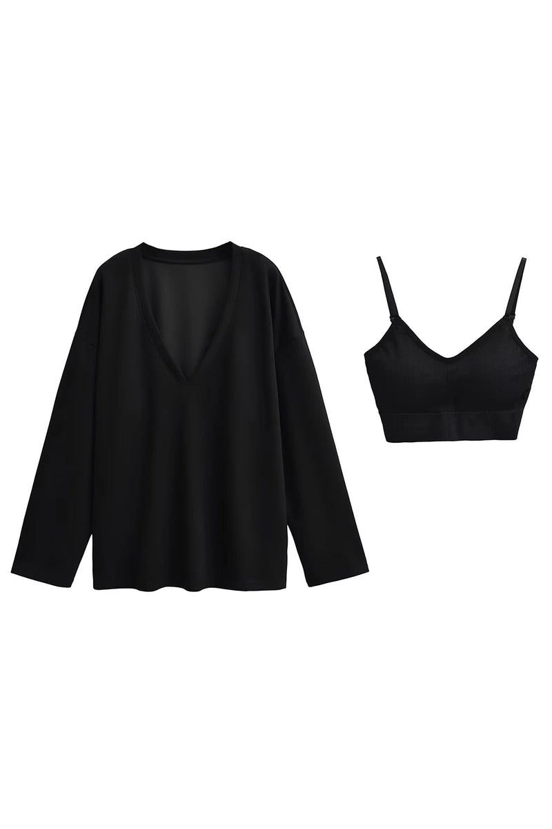 Basic Bae V-Neck Dropped Shoulder Long Sleeve Sweatshirt with Bra