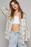 POL Long Sleeve Embroidered Crochet Plaid Shirt