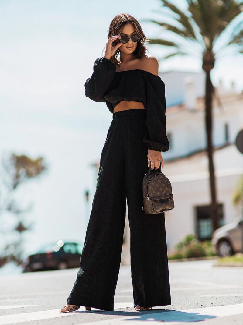 Off Shoulder Long Sleeve Top and Pants Set