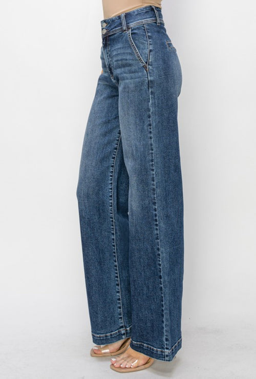 High Rise Double Button Wide Jeans