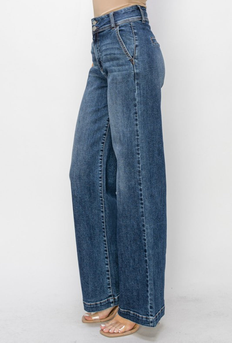 High Rise Double Button Wide Jeans