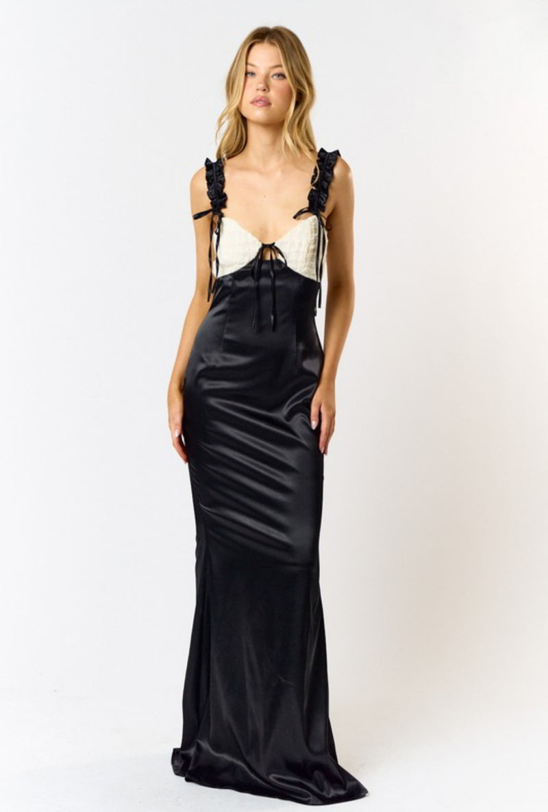 Satin Ruched Strap Maxi Dress