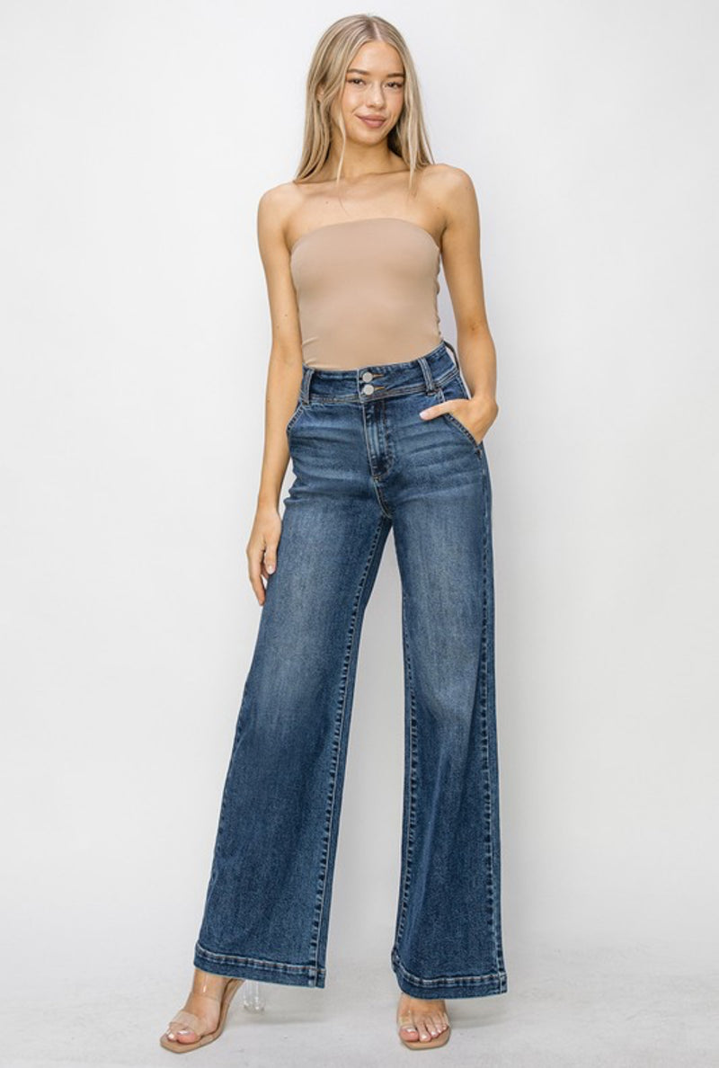 High Rise Double Button Wide Jeans