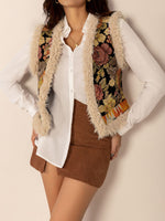 Embroidered Fuzzy Trim Open Front Vest Coat