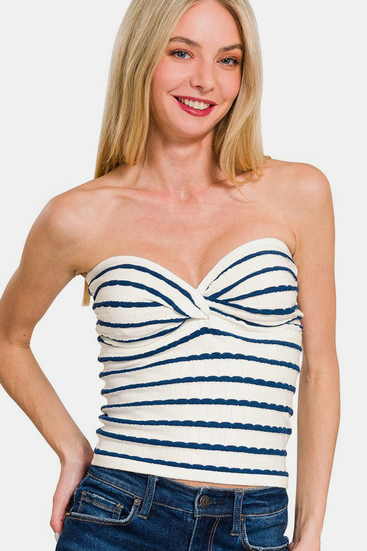 Zenana Twisted Sweetheart Neck Striped Tube Top