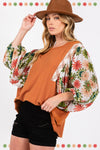 SAGE + FIG Full Size Printed Balloon Sleeve Contrast Top