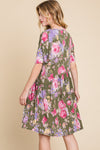 BOMBOM Flower Print V-Neck Ruched Dress