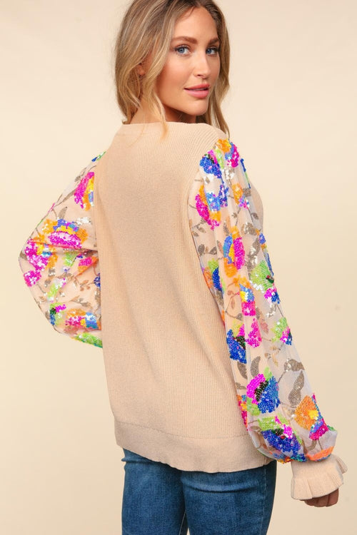 Haptics Floral Sequins Mesh Flounce Sleeve Sweater