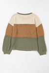 Waffle-Knit Color Block Round Neck Long Sleeve Blouse