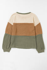 Waffle-Knit Color Block Round Neck Long Sleeve Blouse