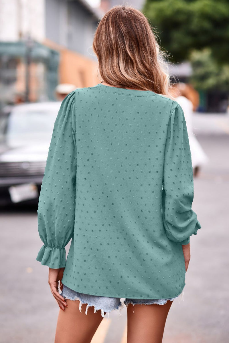 Swiss Dot Notched Neck Flounce Sleeve Blouse