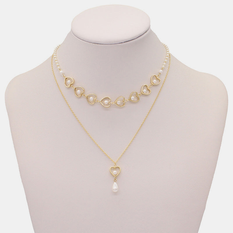 Double-Layered Heart & Pearl Pendant Necklace