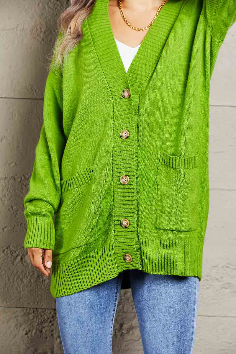 Double Take Ribbed Trim Dropped Shoulder Pocketed Cardigan