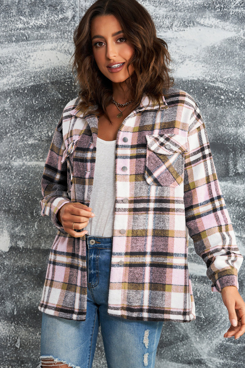 Double Take Plaid Button Front Shirt Jacket with Breast Pockets