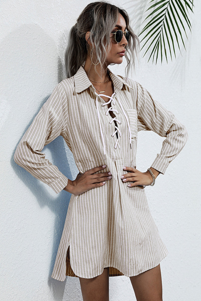 lace up shirt dress White Lapel Lace-up Shirt Dress