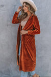 Collared Neck Longline Velvet Cardigan with Pockets