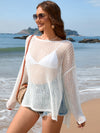 Openwork Slit Boat Neck Long Sleeve Cover-Up