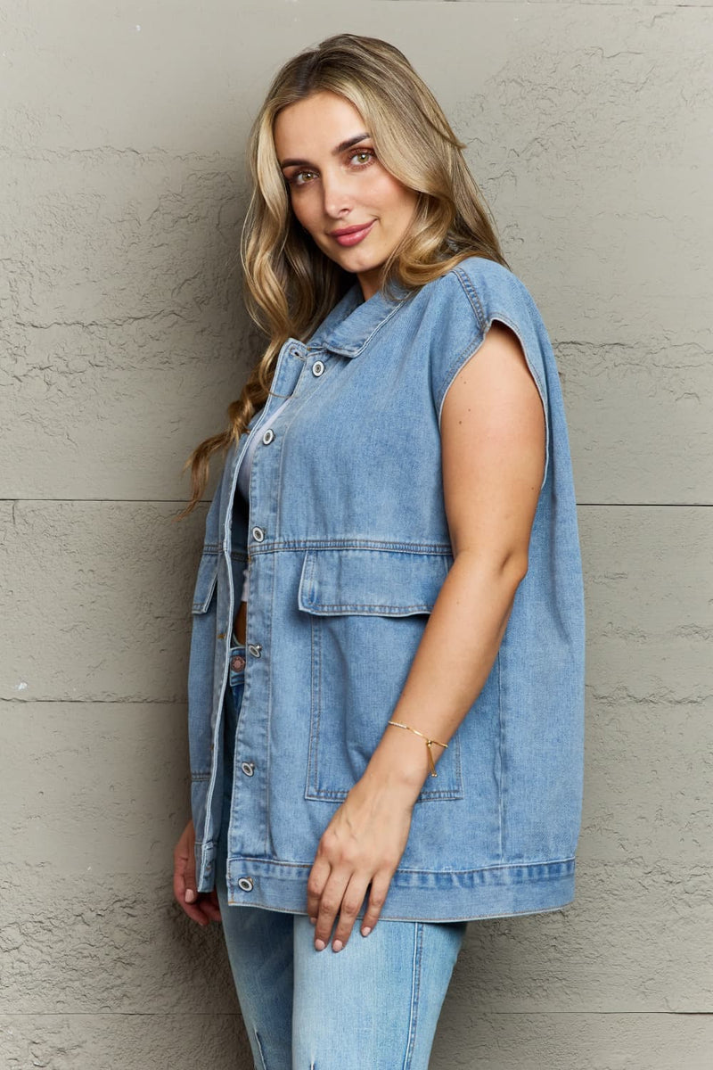 Collared Neck Sleeveless Denim Top with Pockets