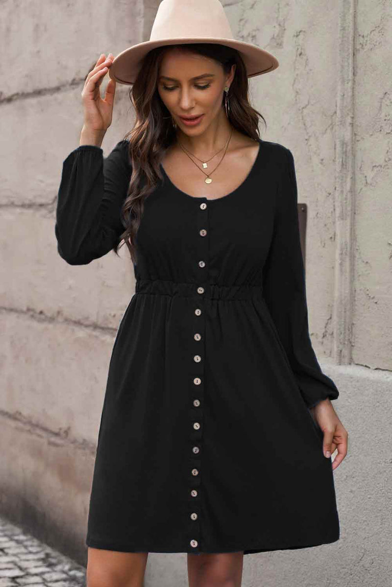 Wholesale MOQ6 Scoop Neck Empire Waist Long Sleeve Mini Dress Wholesale MOQ6 Scoop Neck Empire Waist Long Sleeve Mini Dress