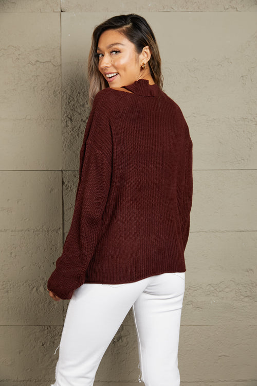 Woven Right Round Neck Cutout Dropped Shoulder Sweater