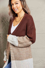 Woven Right Color Block Open Front Rib-Knit Longline Cardigan