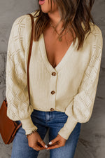 Woven Right Button Front Ribbed Lantern Sleeve Cardigan
