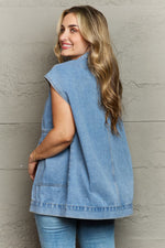 Collared Neck Sleeveless Denim Top with Pockets