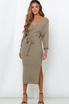 Surplice Neck Bow Waist Slit Sweater Dress