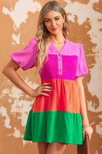 Color Block Buttoned Puff Sleeve Dress