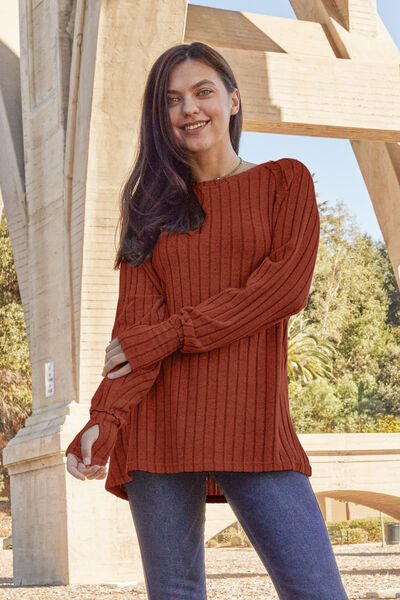 Basic Bae Full Size Ribbed Round Neck Long Sleeve Knit Top