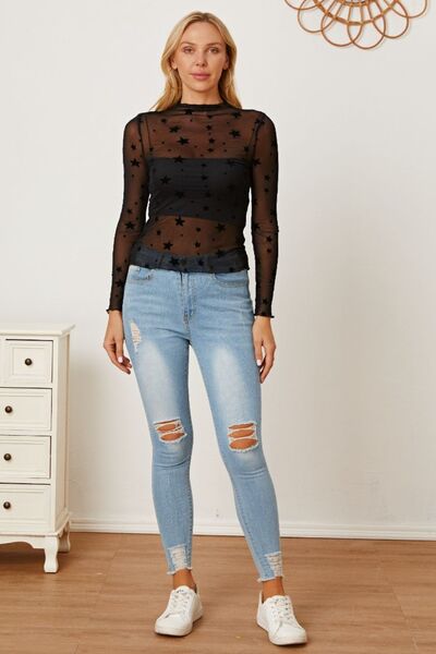 Star Pattern Mock Neck Long Sleeve Blouse