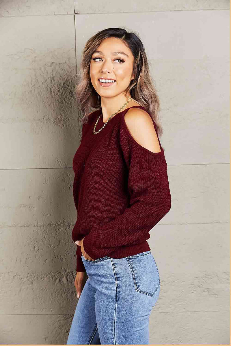 Double Take Round Neck Cold-Shoulder Ribbed Sweater