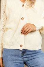 Woven Right Button Front Ribbed Lantern Sleeve Cardigan