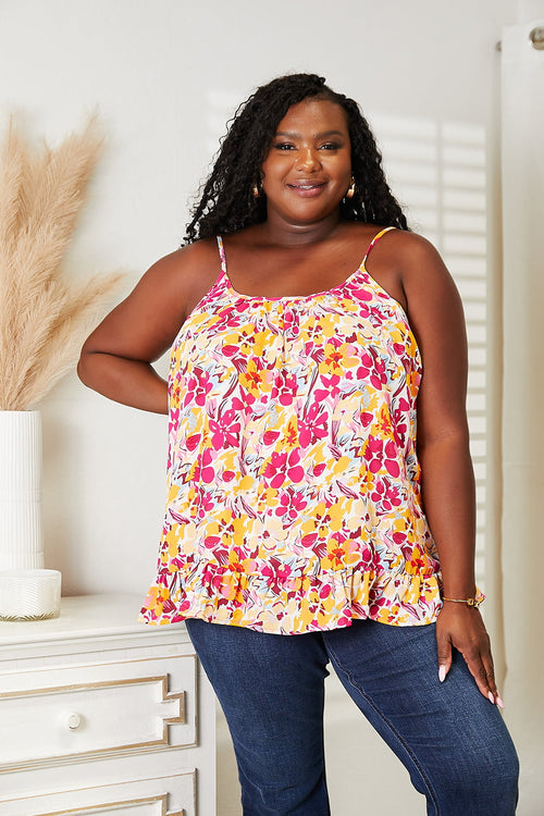 Double Take Floral Scoop Neck Ruffle Hem Cami