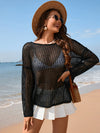 Openwork Slit Boat Neck Long Sleeve Cover-Up